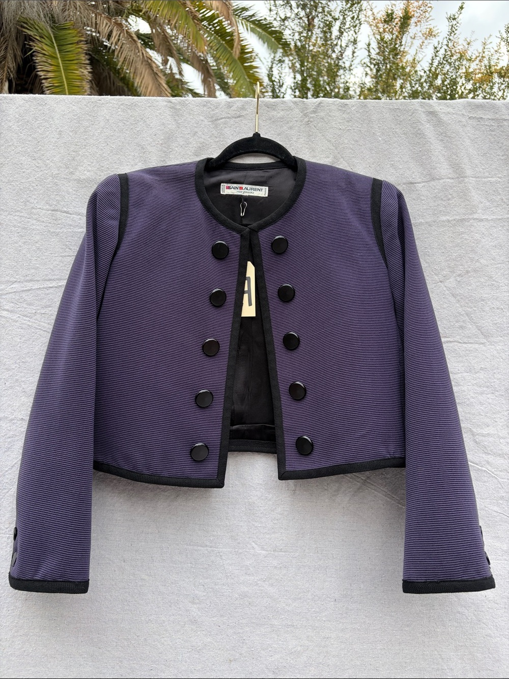 Saint Laurent Purple Cropped Military-Style Blazer with Black Trim